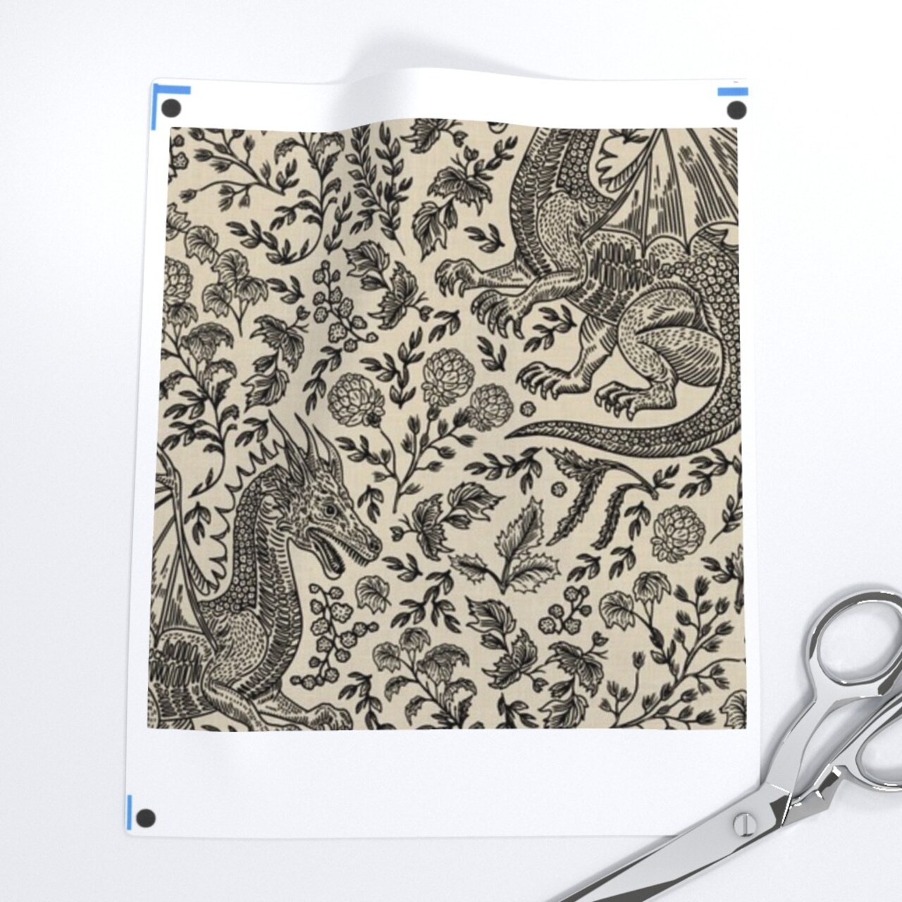 Dragon Toile Floral Vines Mythical Creature Magic Neutral Leaves Flowers Custom Printed Fabric by Spoonflower Various Fabrics by the Yard or Fat Quarter